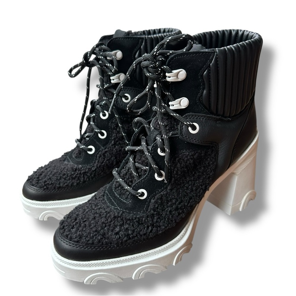 New Sorel Brex Leather & Faux Shearling Block Heel Lace-Up Bootie | Size 8.5
